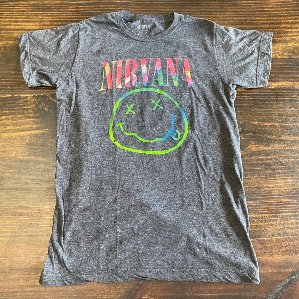Nirvana Smiley Face Band T-Shirt Heather Gray Tie Dye Graphic Tee Women S Grunge